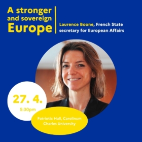 Pozvánka na přednášku francouzské ministryně pro evropské záležitosti paní Laurence Boone (27.4.)